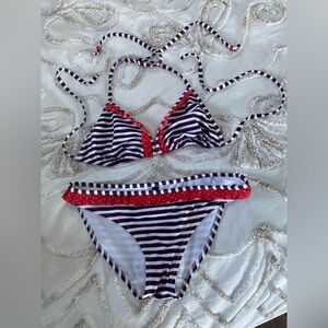 Marie Meili Striped Red and Blue Bikini Set